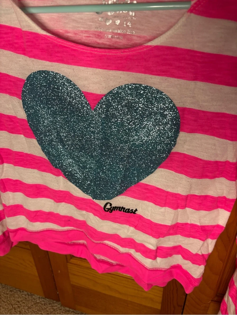 Justice Pink & White Striped Long Sleeve Tee with Teal Glitter Heart